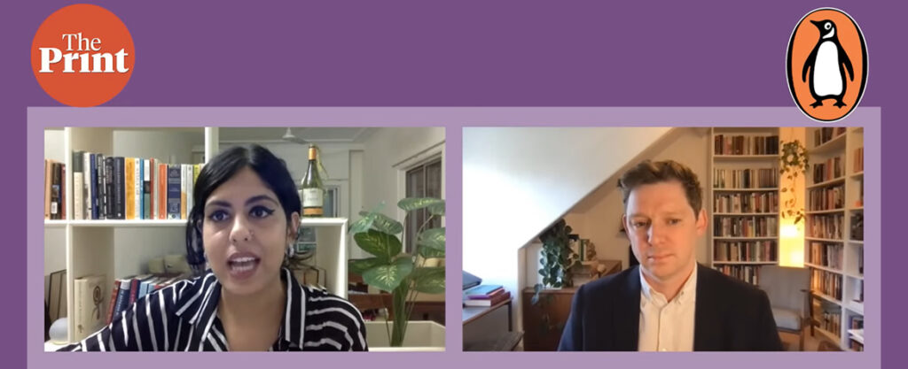 A video screenshot of Edward Anderson in conversation with Sanya Dhingra about the politics of the Indian diaspora