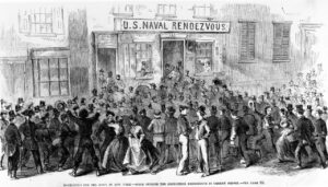 Recruiting for American Civil War Sailor Bluejackets for the Navy in NY at Naval Rendezvous, Cherry Street, at the start of The Civil War. Leslies 1861 via NHHC