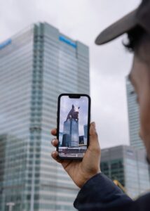 SOW public art intervention at Barclays Bank, augmented reality pig, credit Marie Jacquemin.