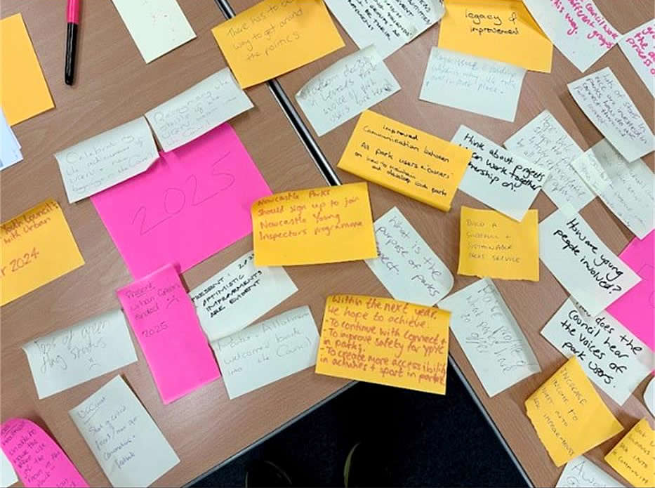 A tabletop covered with multicoloured post-it notes and pens. It is the result of a design brainstorm