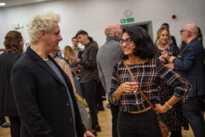 A Writing Chance (supporting working-class writers) Writer Tammie Ash talking to actor and philanthropist Michael Sheen