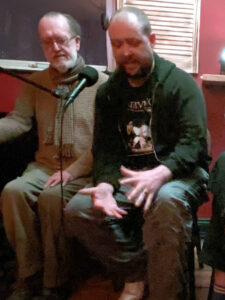 Richard O'Brien interviews local songwriters Nev Clay and NOVYI LEF band memberThomas Reah - photo by Jenny Alderson