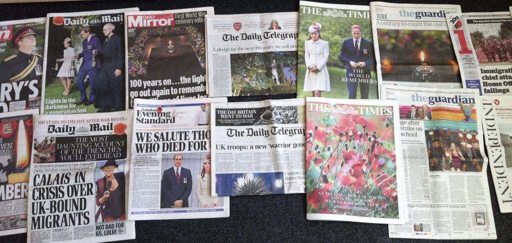 Spread of British newspapers with centenary cover pages on 4 August 2014